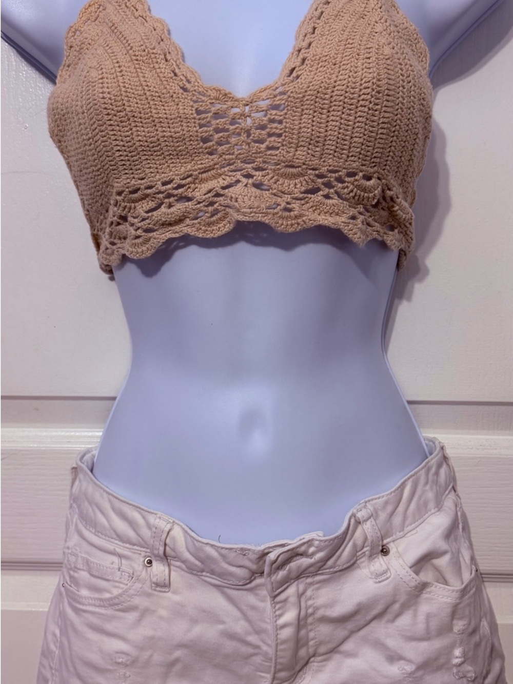 Crochet Lace Hem Crop Top in Tan